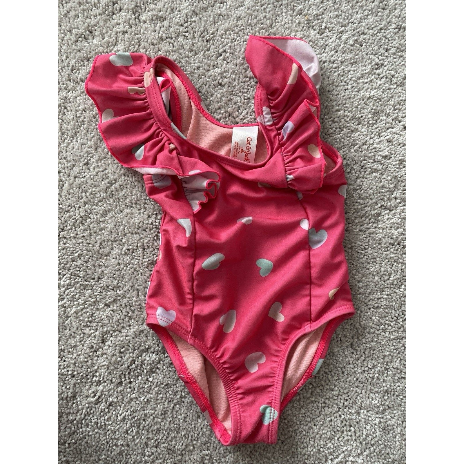 Cat & Jack Size 18m Ruffle Butts Swimsuit, Pink With White Heart Polka Dots